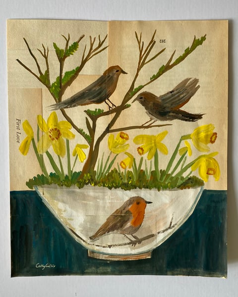 Image of Robin dish with daffodils, tree and birds - book page artwork