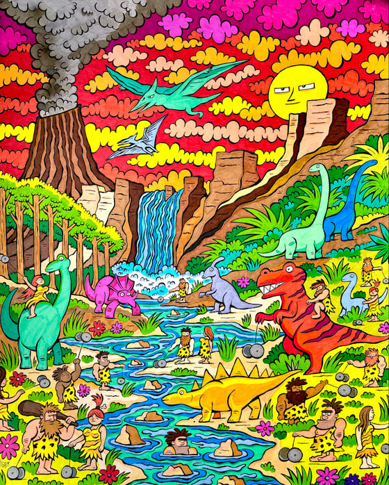 Image of Dinosaur Caveman Yo-Yo World Original ink illustration 22x30