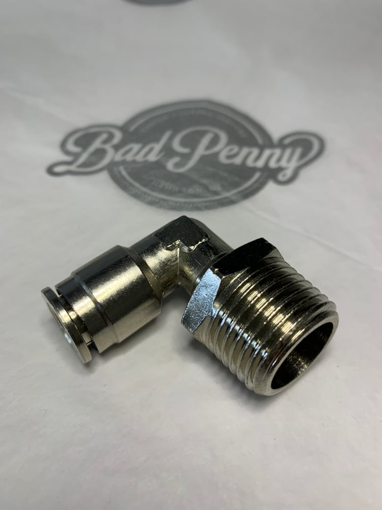 Image of Push connect air fitting 1/2 NPT x 3/8 line 90° elbow nickel plated brass 