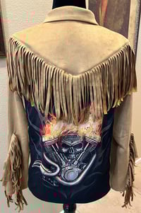 Image 1 of Faux Suede Caramel Fringe Jacket Biker Skull