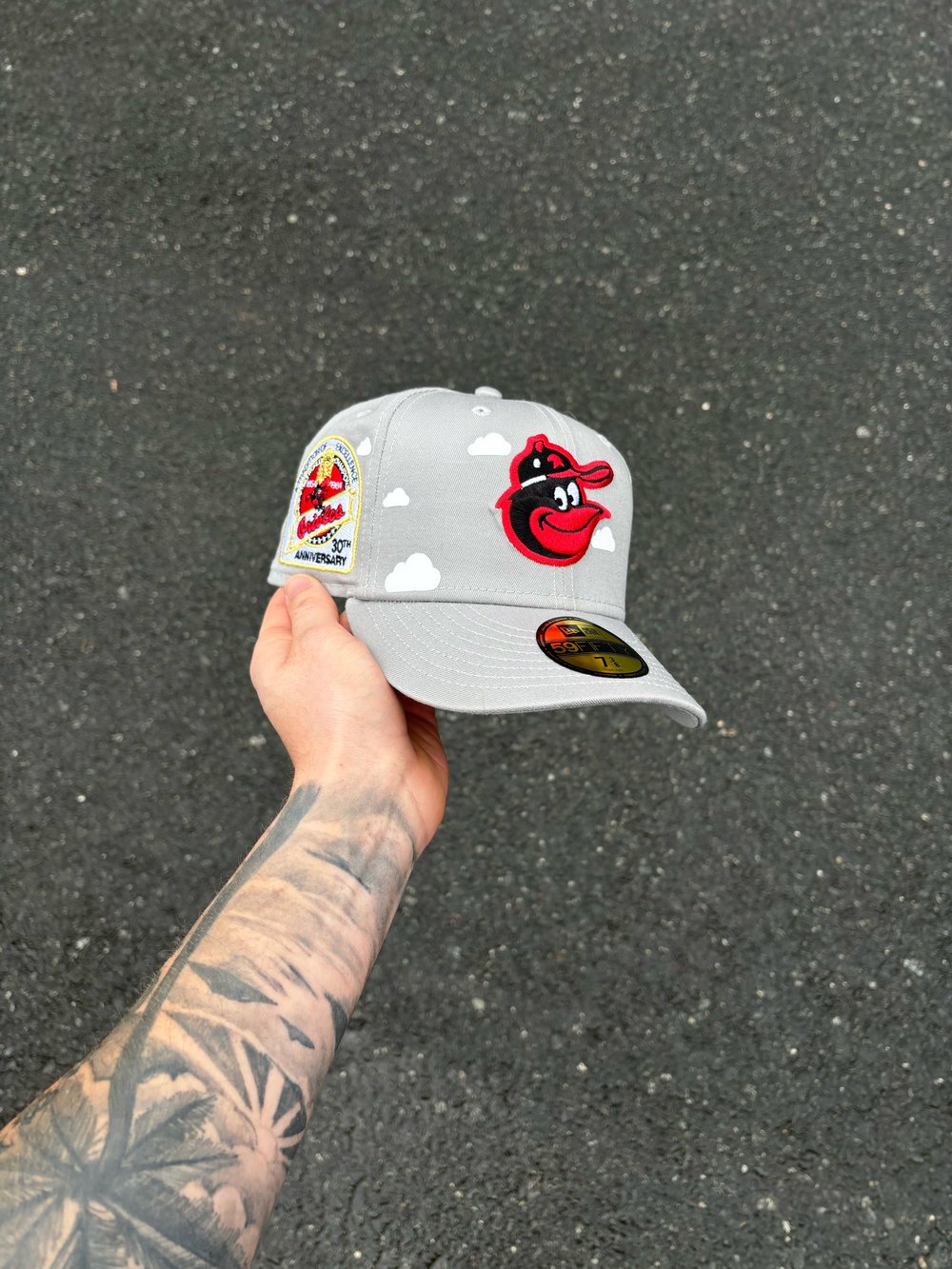 Image of PARTLY CLOUDY STORM GRAY BALTIMORE ORIOLES CUSTOM FITTED CAP