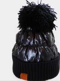 Fleece Lining Puffer Knit Pom Pom Beanie Hat