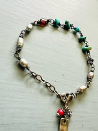 Image 15 of silvery pearl and turquoise nugget charm bracelet with adjustable chain