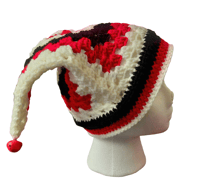 Image 4 of Harlequin Jester Beanie with Painted Jingle Bells, Granny Hexi Crochet Hat, Comic Themed