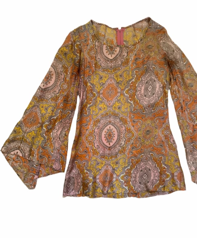 late 60s paisley angel sleeve mini dress