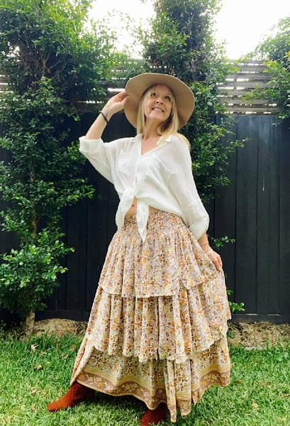 Image of Stevie Tiered Maxi Skirt. Caramel Floral. By Eastern Eclectica