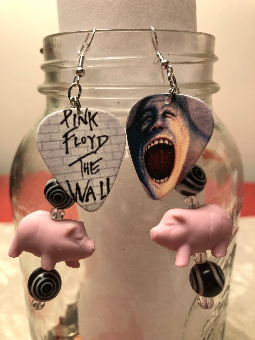 Upcycled PINK FLOYD guitar pick and piggy DANGLE EARRINGS
