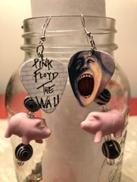 Image 2 of Upcycled PINK FLOYD guitar pick and piggy DANGLE EARRINGS