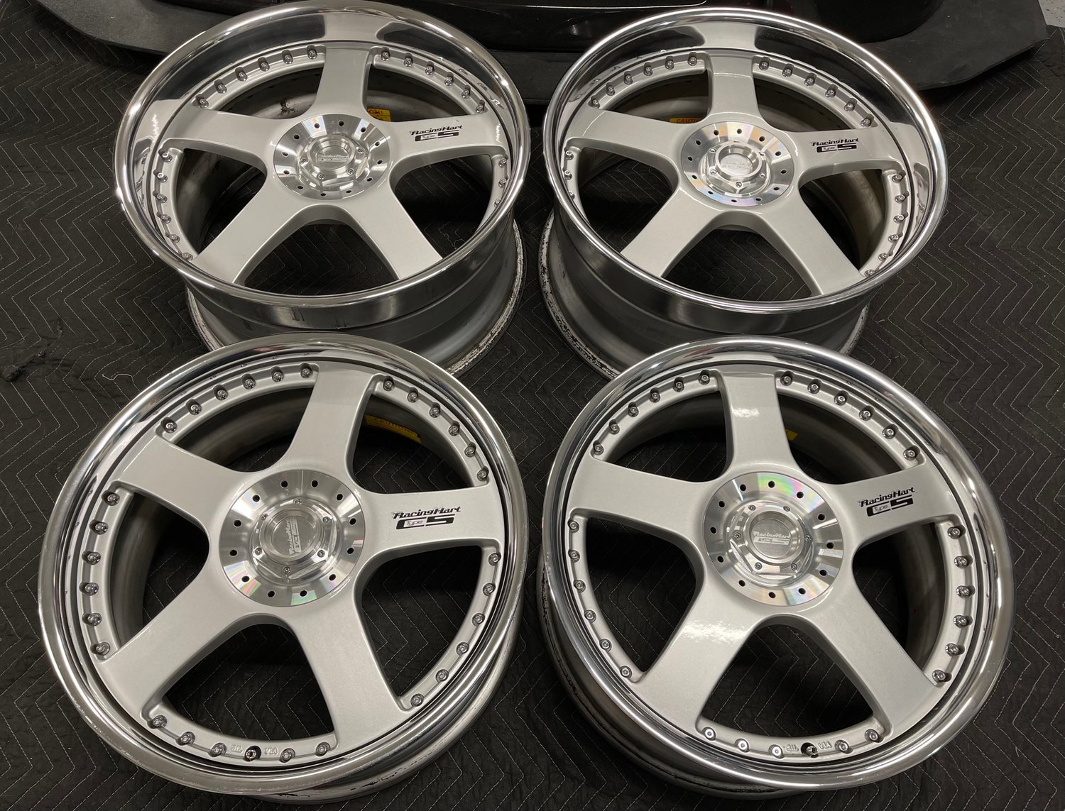 Image of Racing Hart C5 JDM RARE three piece Forged wheels 5x114.3/ 4x114.3 18x8” +38 19x9.5” +44