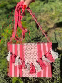 Image 3 of Knit Crossbody with Poms - Coral