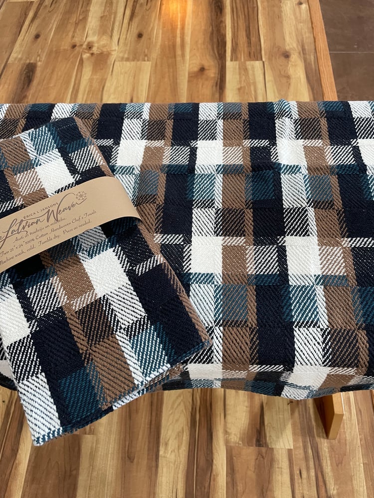 Image of Handwoven 100% cotton Dishtowels (black/brown/teal offset check) 