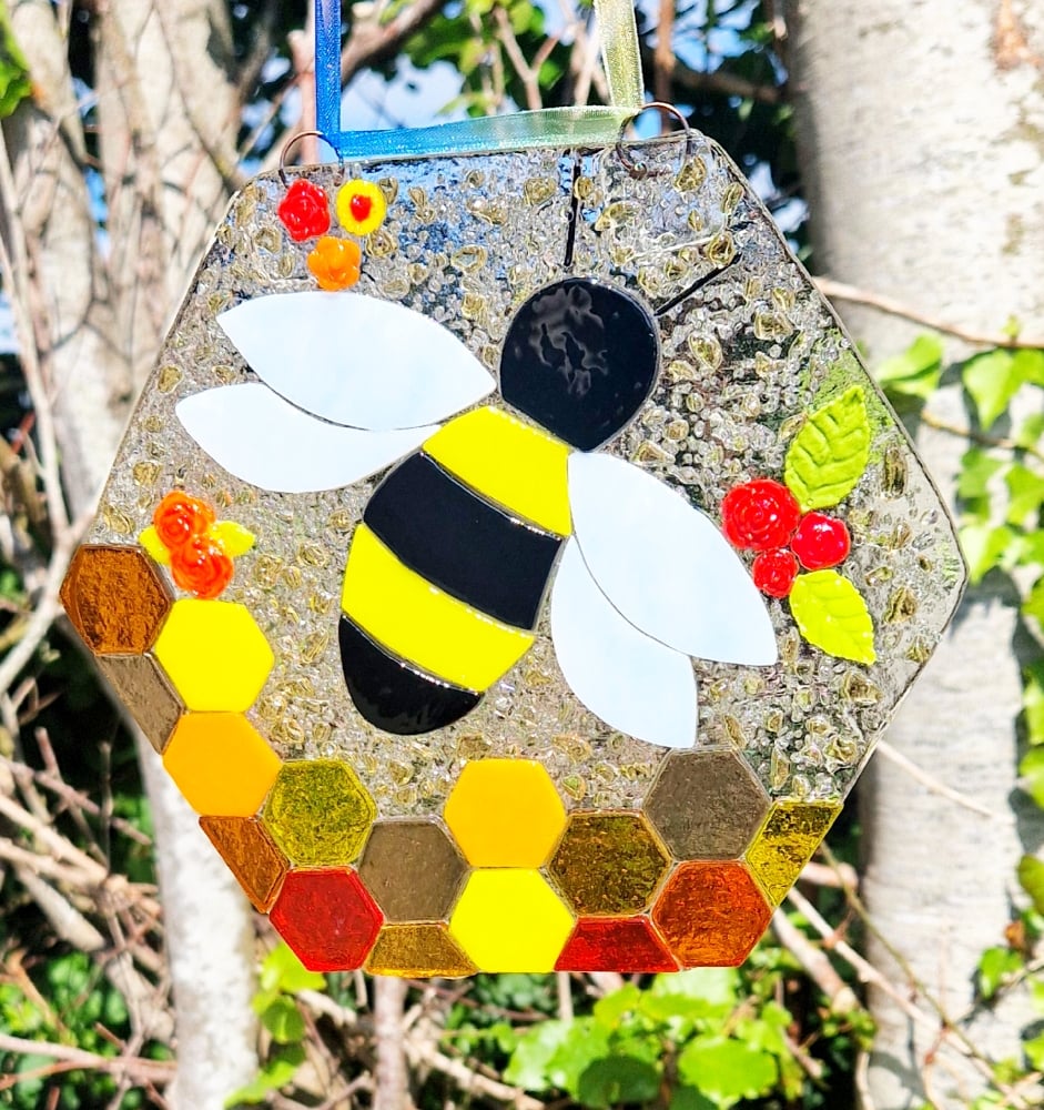 Image of Fused Glass Honeycomb Bee Panel (Textured)