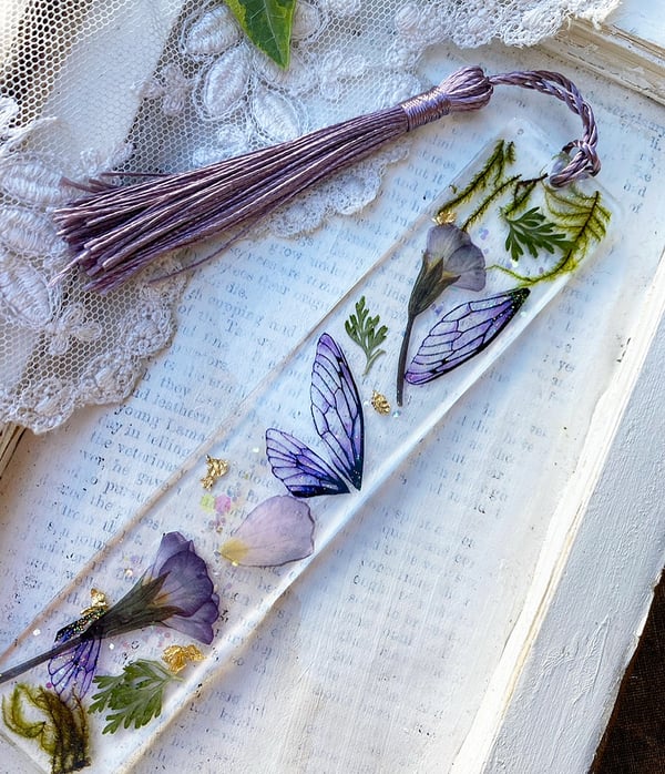 Image of Magical encapsulated purple faerie wing resin bookmark