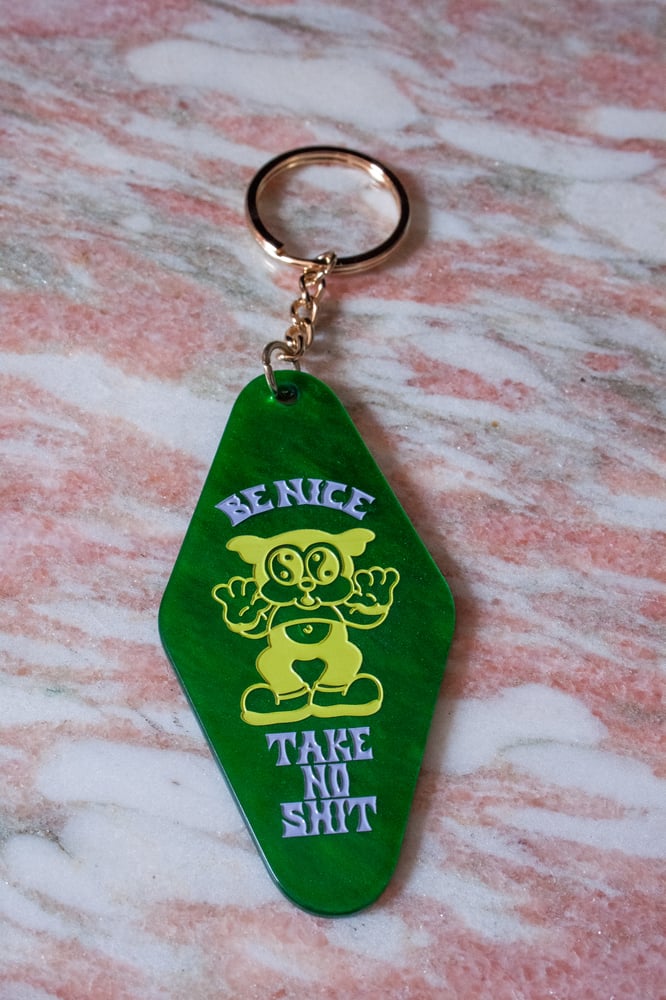 Image of Be Nice Take No Shit Green Motel Key Tag