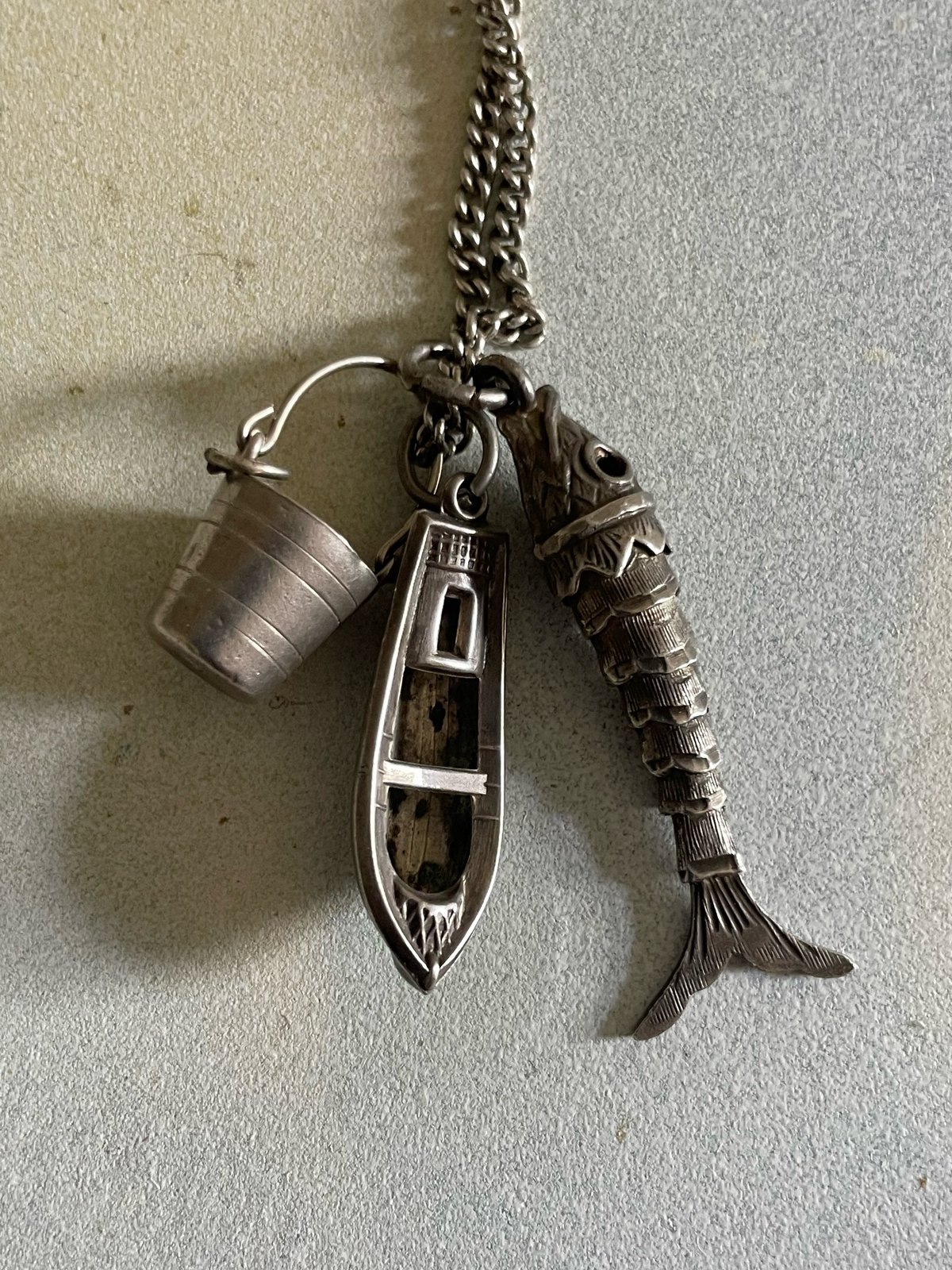 Image of Vintage charm silver necklace, boat, fish & bucket