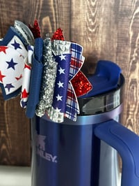 Image 3 of Fourth of July Memorial Day Patrotic Red White and Blue Tumbler Straw Topper Bow