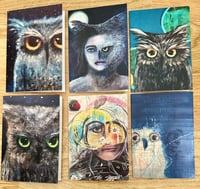 Image 1 of Set of 6 Note Cards with Envelopes. Owls and Eyes. Sheila Cameron Art