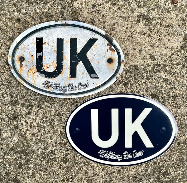 Image of Vintage style UK sign with Wolfsburg Bus Crew logo stickers measuring 180X120mm