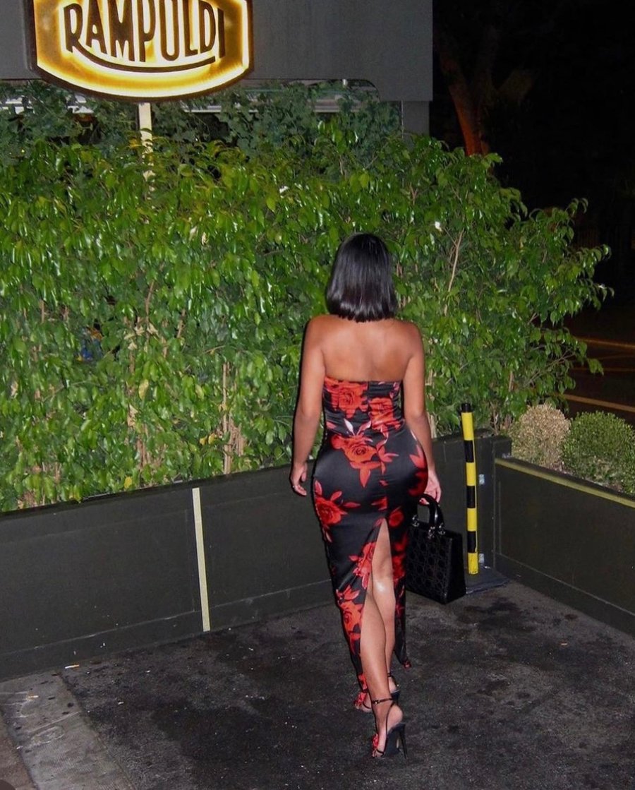 Image of ROSE PRINT SATIN MAXI DRESS & HEELS (M) (SIZE 10)