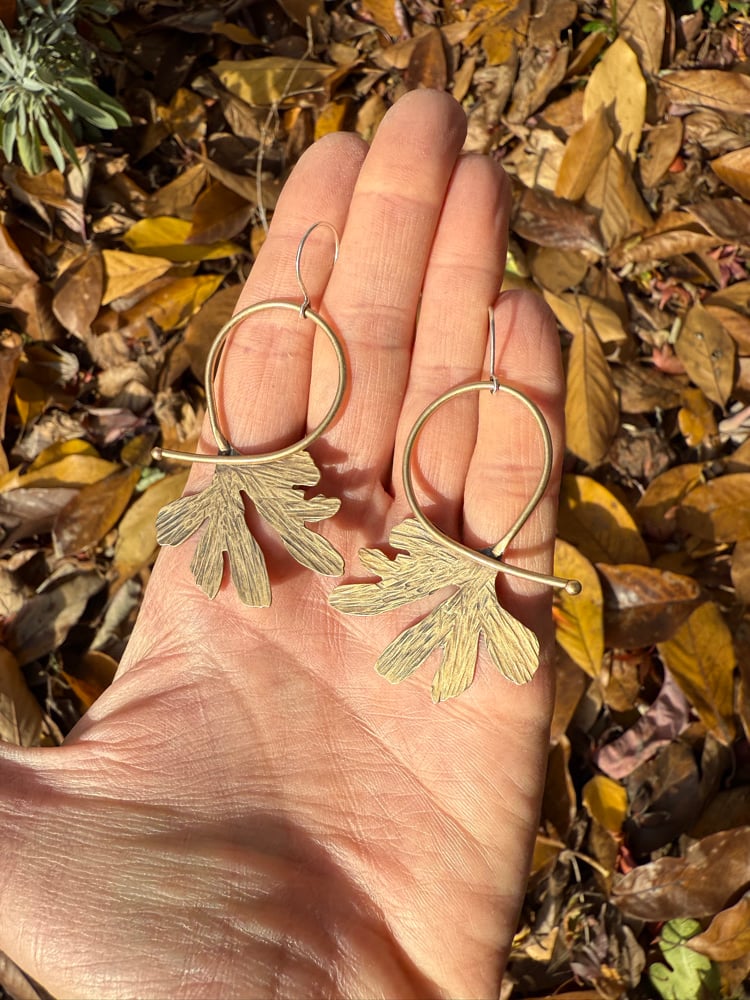 Image of Funky Ginkgo Shape Brass Statement Hoops