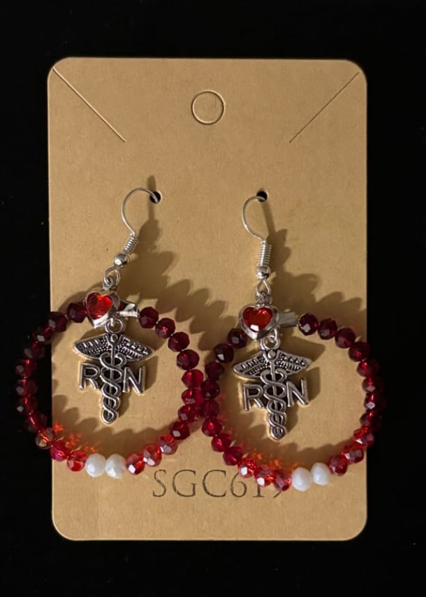 Image of RN Caduceus Hoop Earrings with Red Crystal Beads and Heart Accent