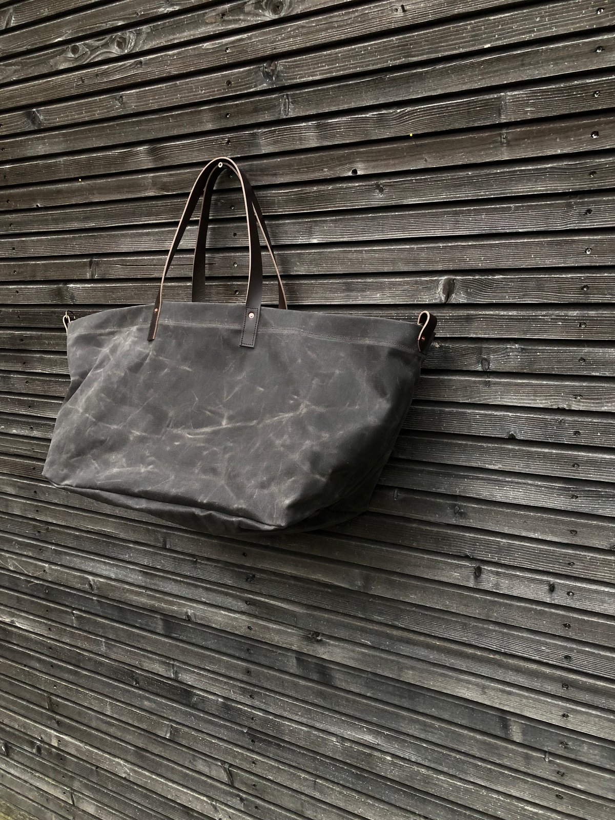 Large waxed canvas tote bag with leather handles / carry all bag 