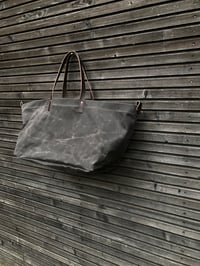 Image 3 of Large waxed canvas tote bag with leather handles  / carry all bag COLLECTION UNIS