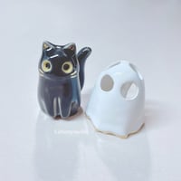 Image 1 of Black Kitty Cat With Ghost Mask Ceramic Figurine 3 