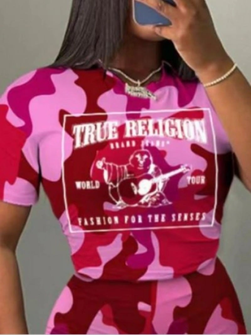 Image of  True religion Camo Letter Print Shorts Set pink 