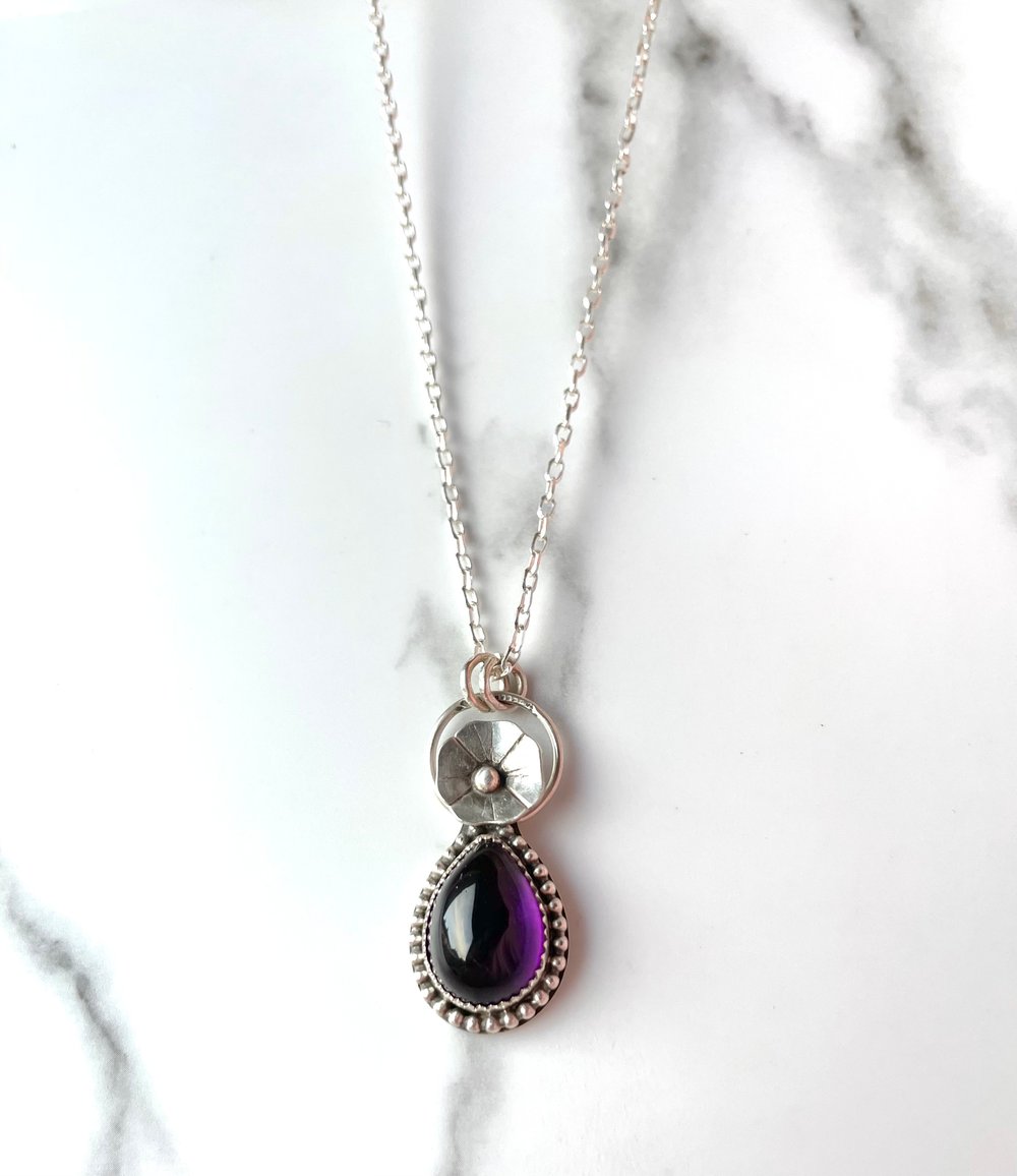 Handmade Sterling Silver Amethyst Flower Pendant 925