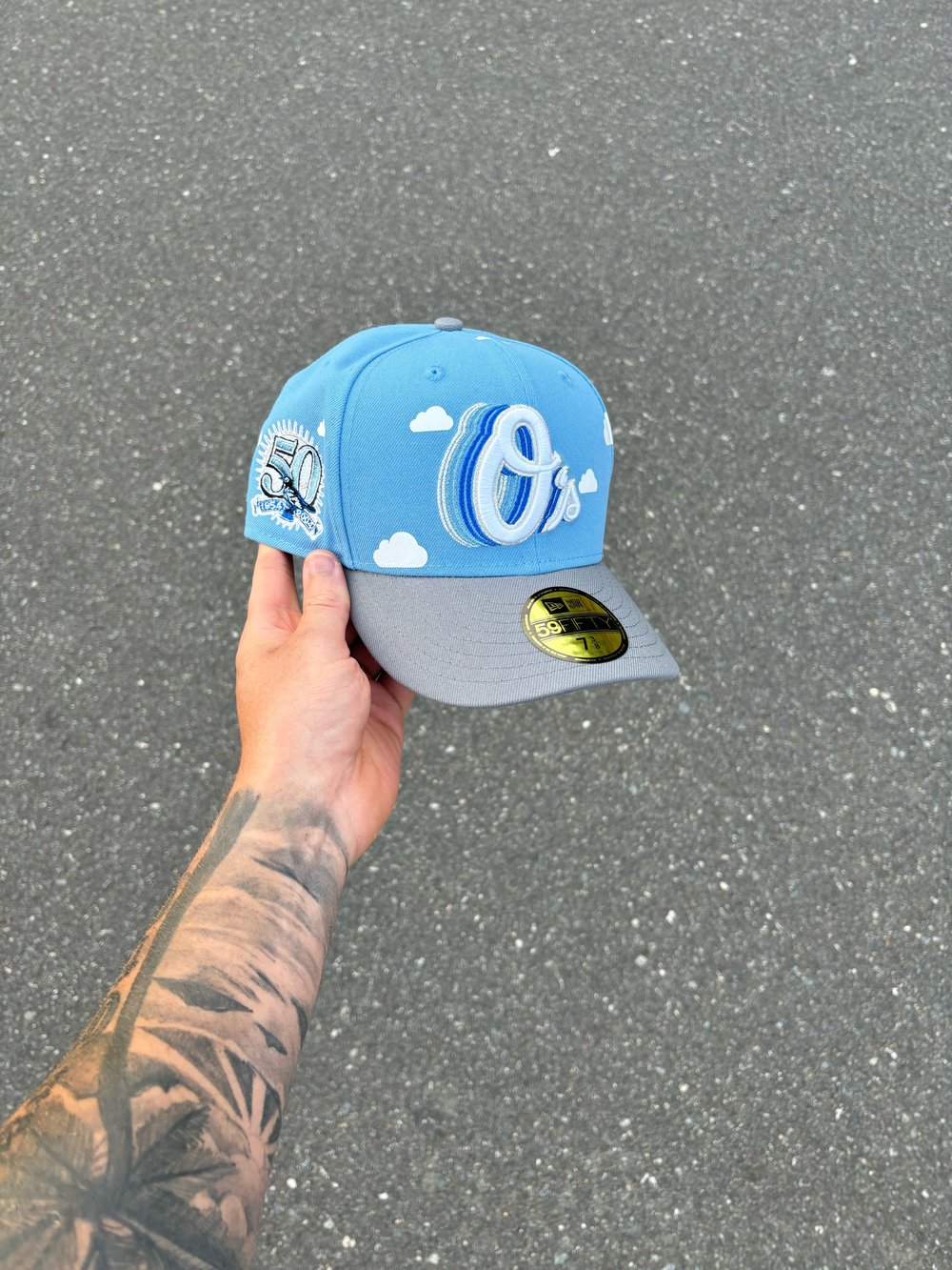 Image of GRAY VISOR SKY BLUE PARTLY CLOUDY BALTIMORE ORIOLES CUSTOM FITTED CAP