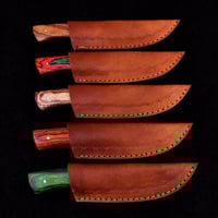 Image 4 of Set of 5 Handmade Damascus Steel Skinner Knives with Dollar Wood Handles & Cowhide Leather Sheaths