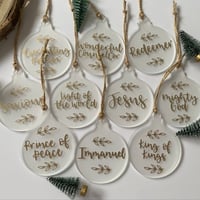 Image 1 of Set of 10 Acrylic Christmas Baubles – Hand Lettered Names of God with Twine