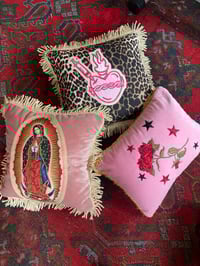 Image 5 of Pink Velvet Cushion with Virgin of Guadalupe appliqué patch