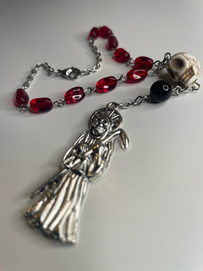 Santa Muerte Car Rosary - Red