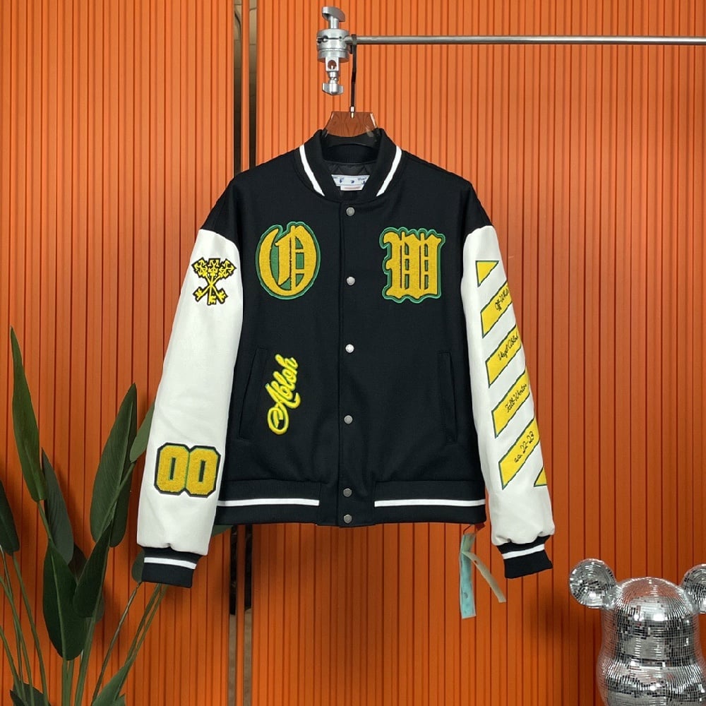 OW Off White OW 22FW Viking Varsity Jacket Men Women Black Exclusively Drapped