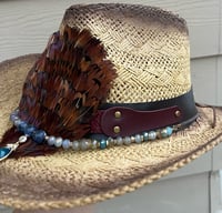 Image 2 of 2 Tone Brown Cowboy Hat Blue/Green Bead And Feather Band