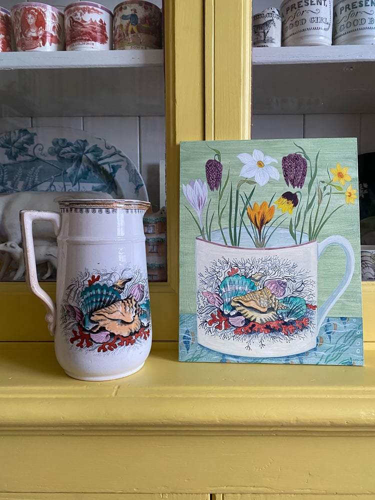 Image of Shell Cup and Spring Flowers original painting 