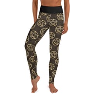 Image 1 of All Over Gold/Black Pentagram Print Yoga Leggings