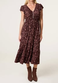 CHOCOLATE PAISLEY V-NECK BUTTONED MIDI DRESS