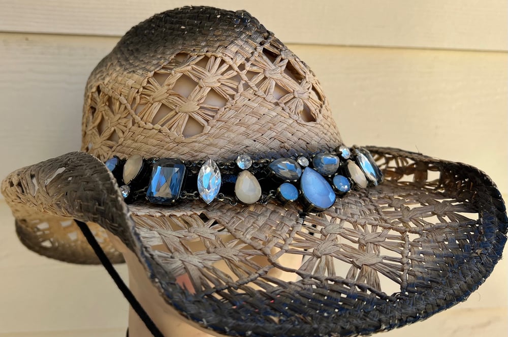 Brown/Black Cowboy Hat Chunky Blue and Cream Stone Band 