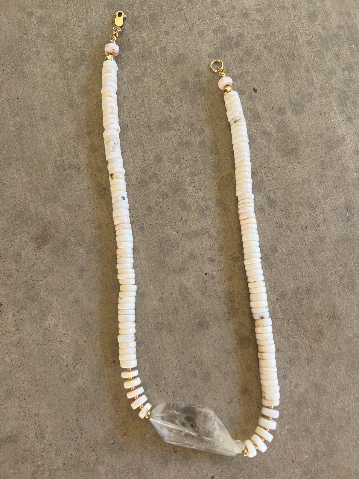 HORIZONS-pink opal heishi + gray-centered quartz