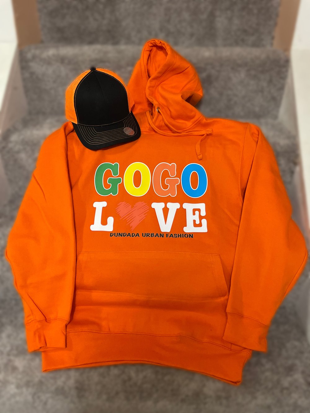 Exclusive custom made orange GOGO LOVE hoodie 
