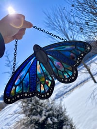 Image 1 of Fremont Glass Blue Monarch Butterfly Stained Glass Suncatcher - Handmade Butterfly Window Art