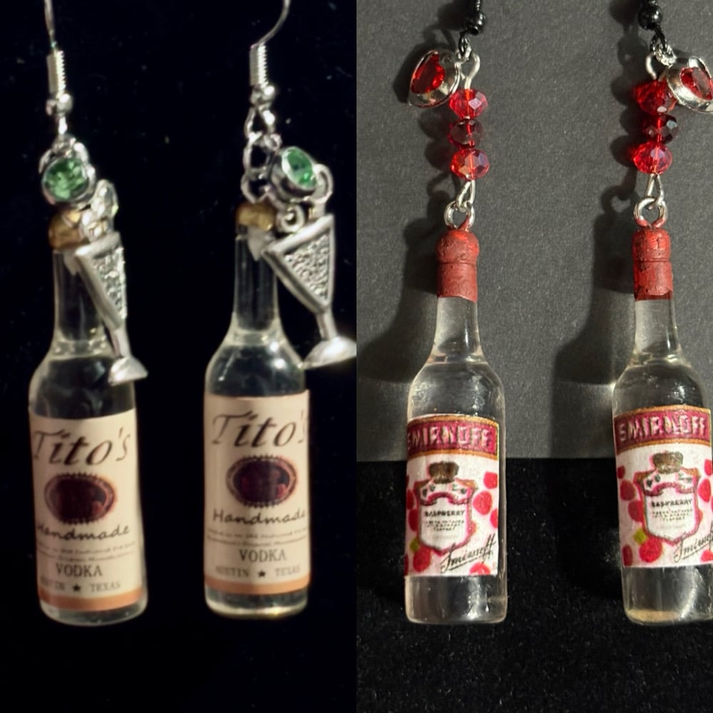 Image of Vodka Tito’s & Smirnoff mini bottle dangle earrings 