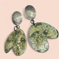 Image 1 of Sterling Silver and Green distressed Enamel Seaweed (Heart) Earrings