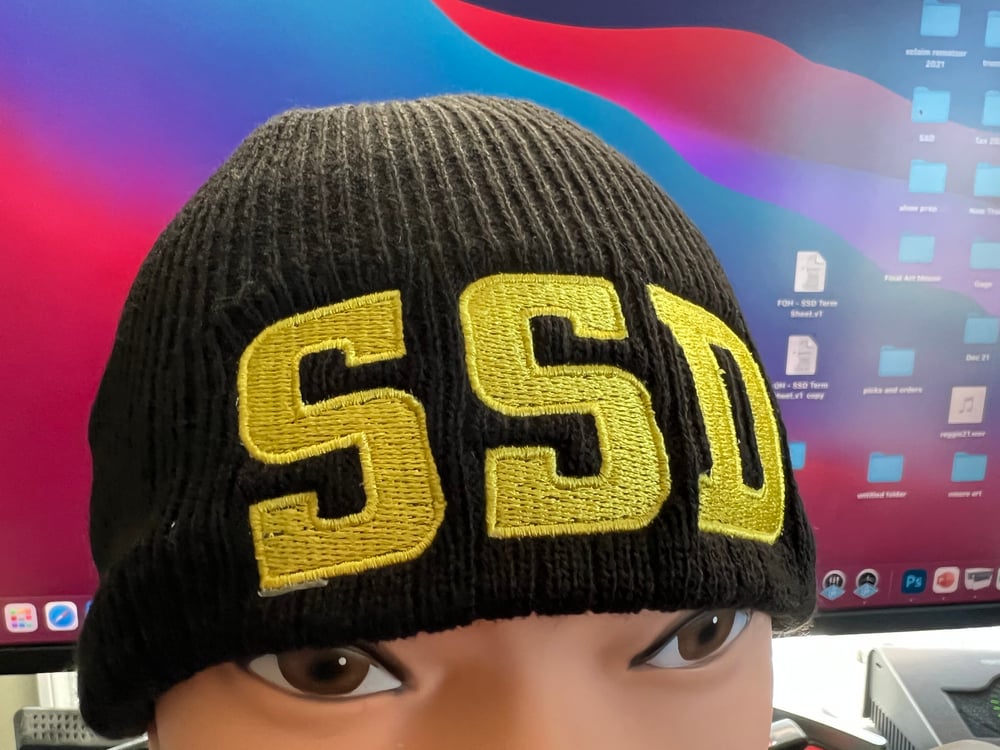 Black New Era Knit beanie hat with Solid Yellow Gold SSD logo 