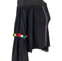 Image 4 of Pitusa Off The Shoulder Black Pom Pom Bell Sleeve Top - One Size Festival Boho