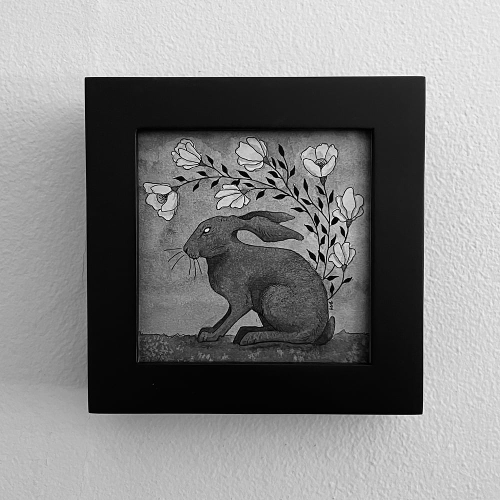 Rabbit And Flowers Ink And Watercolor Print