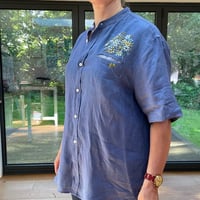 Image 11 of Blue Linen Hand Embroidered Short Sleeve Shirt